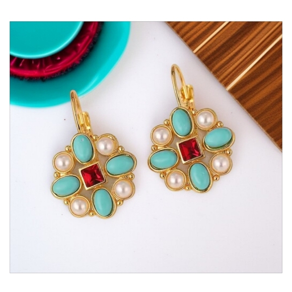 Gold Turquoise Ruby Crystal Pearl Maltese Cross Earrings - Picture 3 of 4